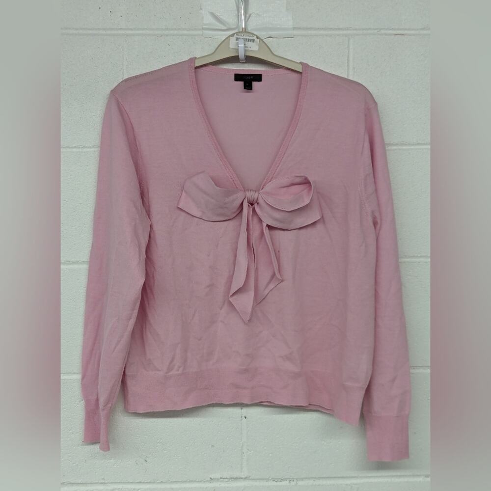 J.crew sweater bow V-neck women XL pink powder pullover preppy Barbie solid
